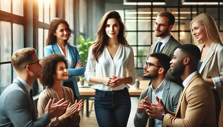 A confident and inspiring young woman leader, emphasizing her role in a collaborative and professional setting.