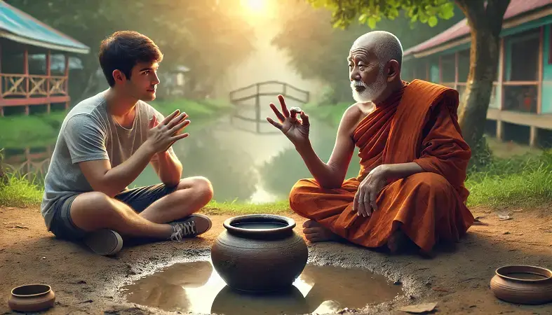 The Monk Explains How to Acquire Inner Peace Showing the example of muddy water.