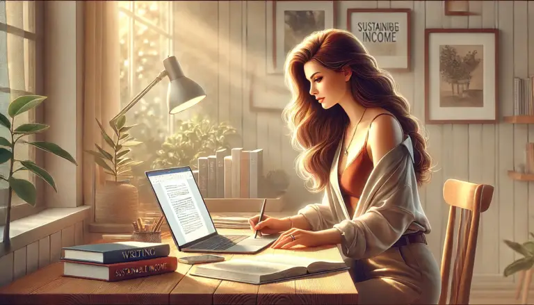 Make Money From Writing: A woman writer at her desk, captured with a warm and inspiring atmosphere