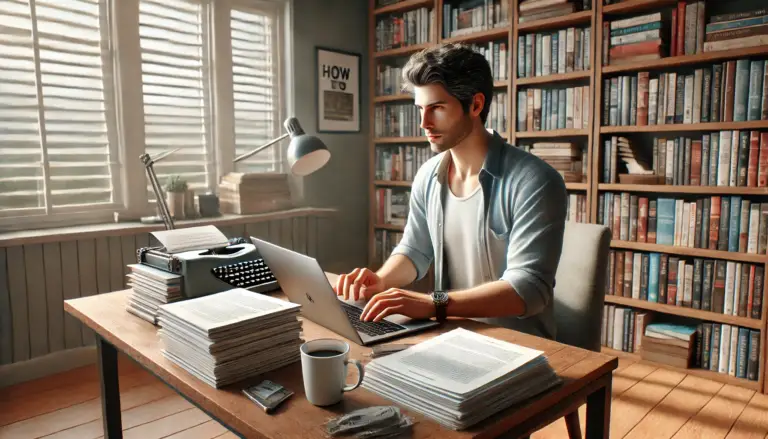 Make Money From Writing: A writer working on self-publishing his eBook in a professional yet cozy workspace