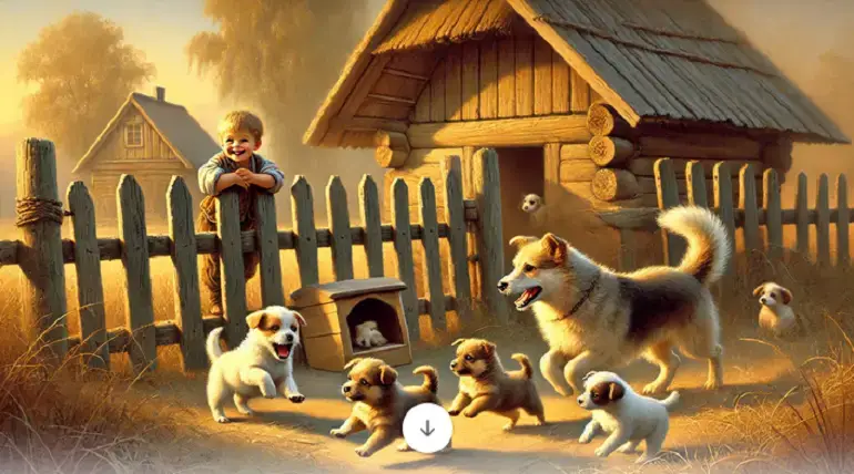 The touching moment with the beautiful dog, playful puppies, and the frail little one capturing the boy's heart