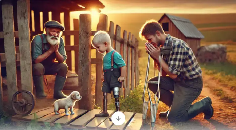 The poignant moment of empathy and understanding between the boy, the farmer, and the tiny puppy