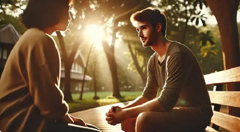 A single heartfelt moment, highlighting the power of empathy in a serene park setting