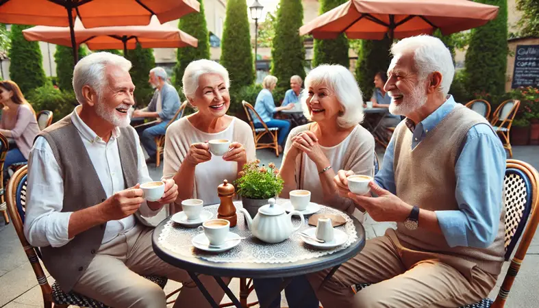 Retirement life after 60. A group of elderly people enjoying coffee