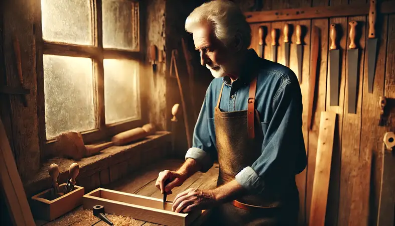 Retirement life after 60. Mr. Joh working diligently in a cozy wood workshop.