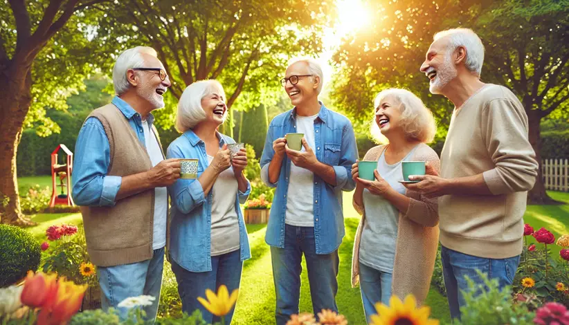 Retirement life after 60. A group of elderly men and women enjoying tea, laughing, and engaging in joyful conversation.