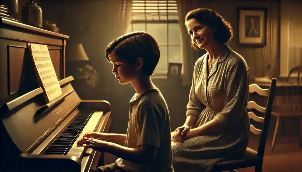 Robby playing the piano with his mother watching him with love