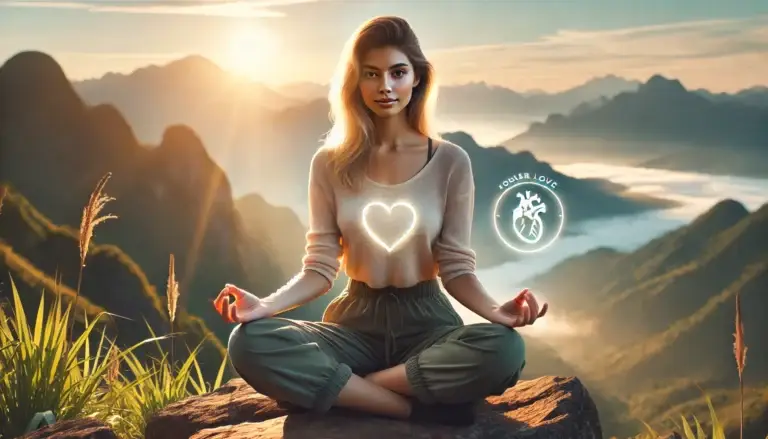 The serene scene captures a young woman meditating on a mountaintop at sunrise, surrounded by nature and subtle symbols representing self-love and purpose, embodying clarity and introspection for the new year.