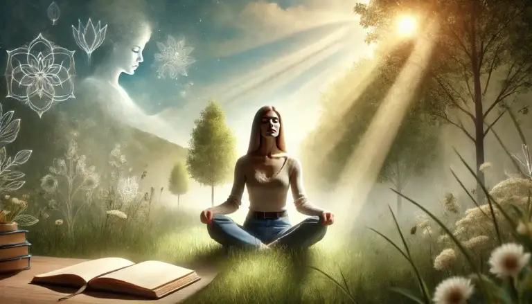 an image representing self-awareness and clarity, featuring a woman in a serene natural setting. She is introspective, with an open journal nearby, capturing the process of understanding one's strengths, fears, and emotions through quiet reflection and mindful practices.