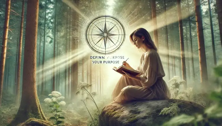 An image symbolising the concept of defining your purpose. It features a young woman in a serene forest setting, reflecting deeply with an open journal, surrounded by calming natural elements and the subtle symbolism of a glowing compass in the background. This scene captures introspection and the journey to finding direction and intention.