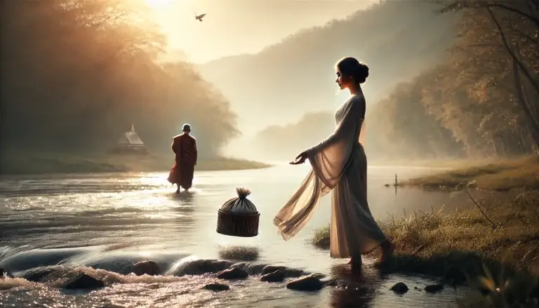 An image representing the act of letting go, set by a peaceful riverside. The scene reflects the journey of releasing burdens and finding freedom, with subtle symbolism of introspection and emotional clarity.