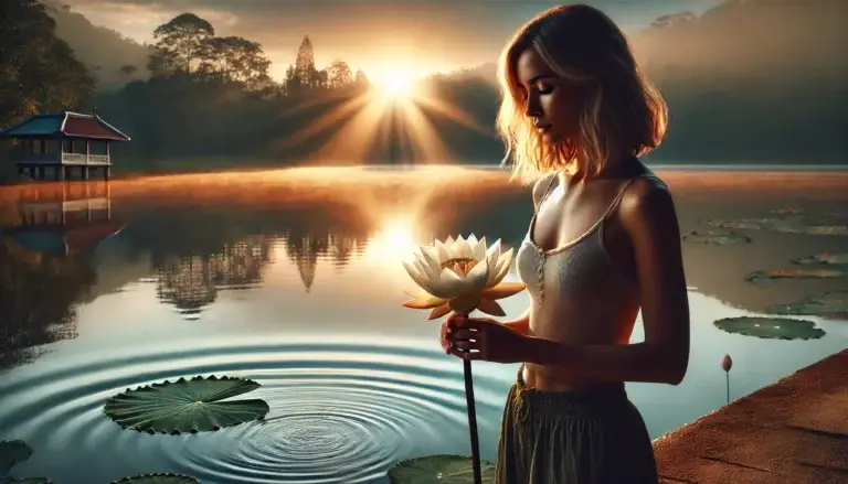 A serene moment by a tranquil lake, with a woman holding a blooming lotus flower, symbolizing emotional resilience and the transformative power of a growth mindset.