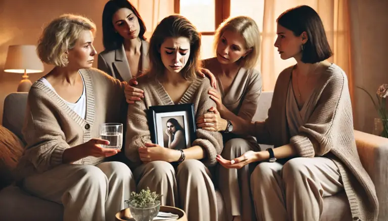 A group of women in a heartfelt scene, showing empathy and support to their grieving colleague