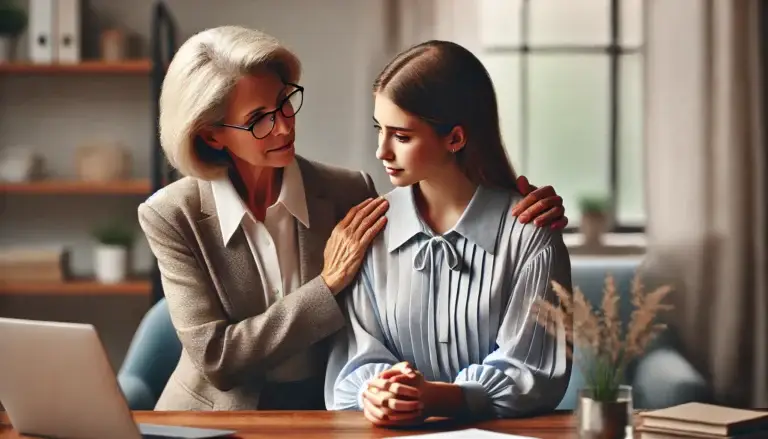 A senior female executive compassionately consoling a young female professional, symbolizing empathy, mentorship, and kindness in a professional setting.