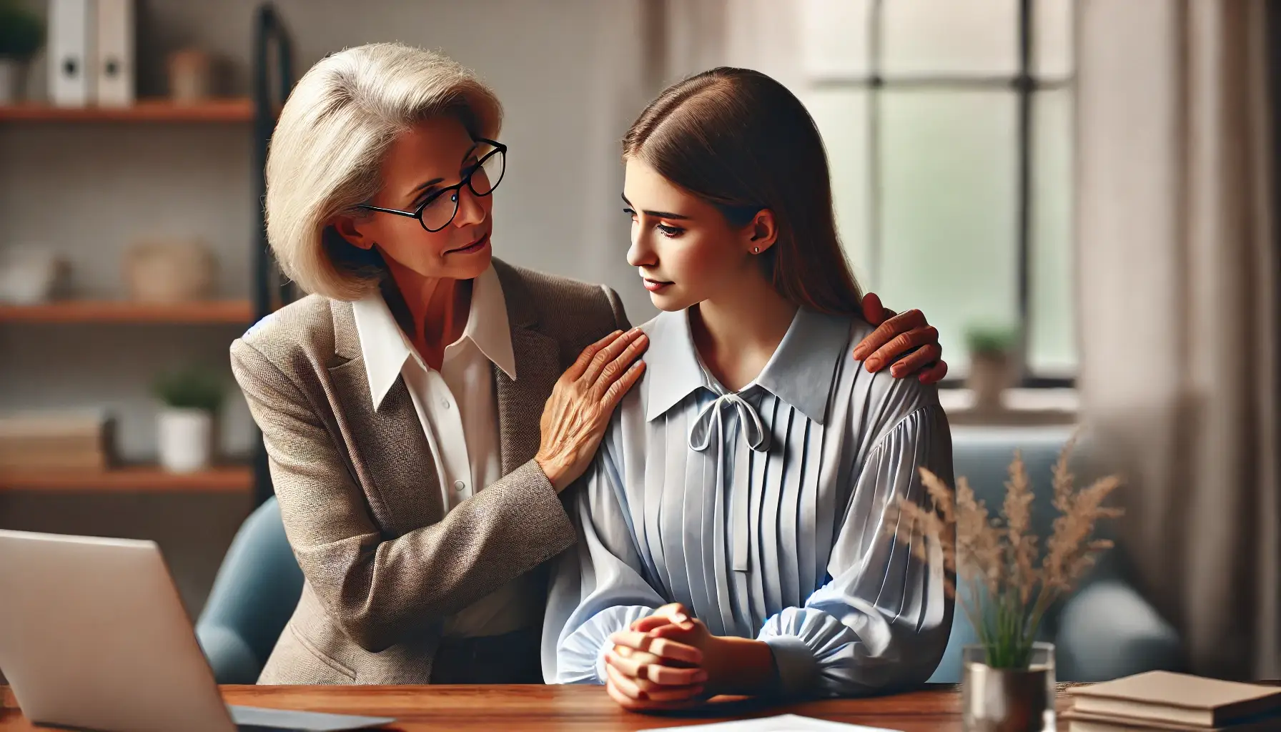 A senior female executive compassionately consoling a young female professional, symbolizing empathy, mentorship, and kindness in a professional setting.