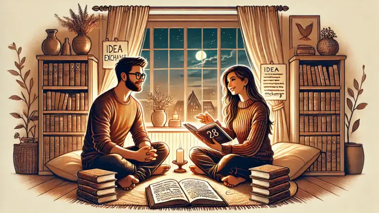 Relationship Improvemen-Two friends engaging in deep conversation and sharing books, highlighting intellectual connection and personal insight.