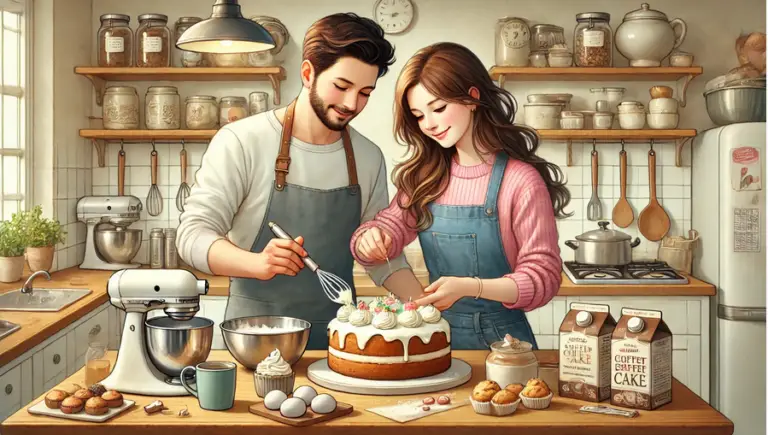 Relationship Strengthening- two friends collaborating in a cozy kitchen, emphasizing their teamwork and sharing joy in creating something together.