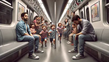 A young man sitting inside a train with three children, playing .