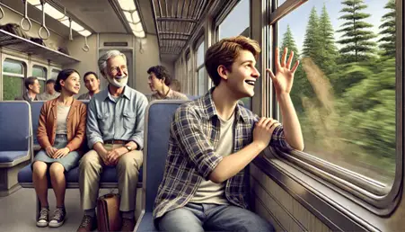 A young man sitting inside a train with his father .