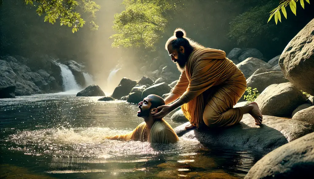 the monk grabbed him with both hands and pushed his head deep underwater.