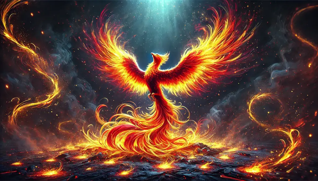 A phoenix rising from the fire and ashes, symbolizing resilience and the power of rebirth.