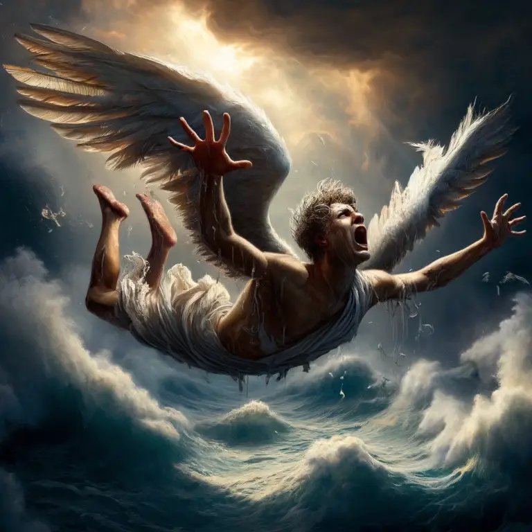 Greek Mythology:. Down, he crash-landed, from the slopes of his dreams to the grounding sea.