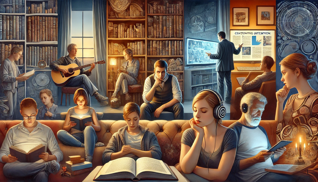 The concept of people being deeply engaged in various activities, such as reading, watching TV, listening to audio content, and attending a presentation.