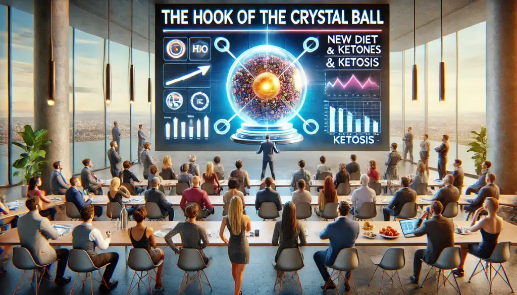 The concept of “The Hook of the Crystal Ball Theory.” It captures a group of people eagerly listening to a futuristic presentation about upcoming trends, showcasing the power of predicting future changes and engaging an audience
