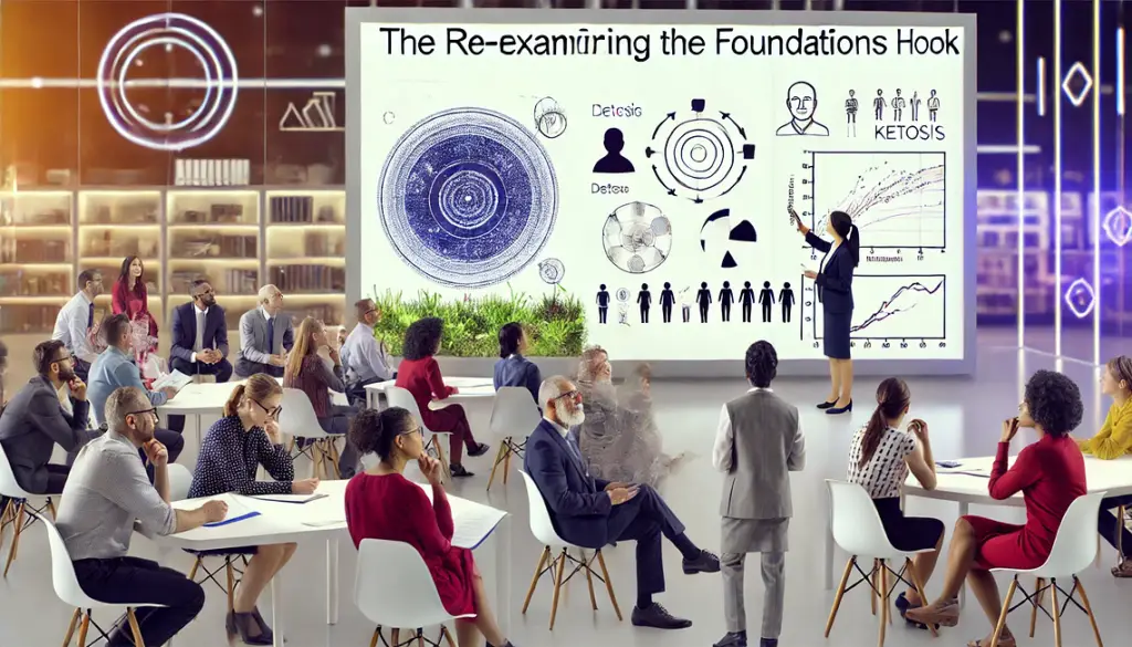 The concept of “The Re-examining the Foundations Hook.” These images showcase a modern classroom setting where people are engaged in re-examining familiar concepts with fresh insights, reflecting the power of looking at foundational knowledge from a new perspective.