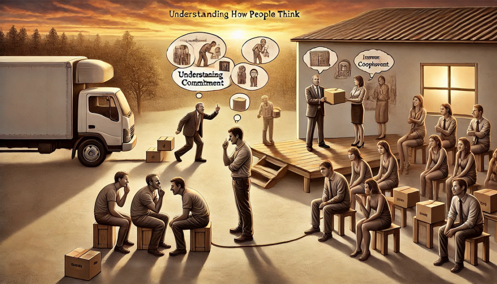The image showcases the progression from a small favour to a more significant commitment. It emphasises the engagement and interest of an audience, reflecting the principles of cooperation and self-perception.