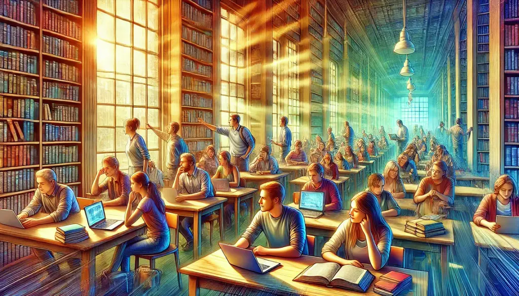 The concept of curiosity and the brain’s need for answers. It depicts a lively library scene with diverse individuals engaged in learning and exploration, reflecting the vibrant and dynamic nature of seeking knowledge