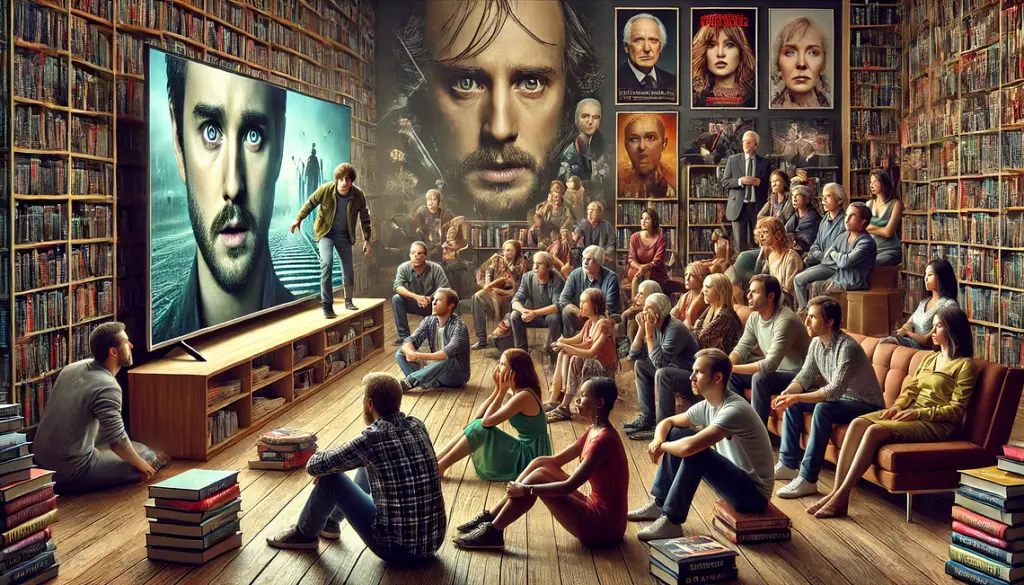 The concept of cliffhangers and drama in storytelling. It shows a group of people in a living room, captivated by a dramatic scene on TV, highlighting the suspense and intense emotions cliffhangers create.