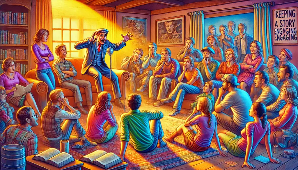 The concept of keeping a story engaging through drama. It shows a diverse group of people gathered around a storyteller, fully immersed in the narrative, highlighting the power of dramatic storytelling to captivate and engage an audience.