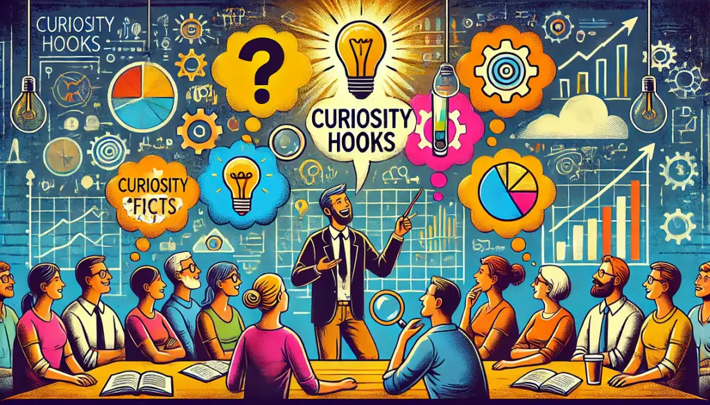 The concept of using curiosity hooks in storytelling. It shows a diverse group of people intrigued and engaged, listening to a speaker who animatedly explains different curiosity hooks.