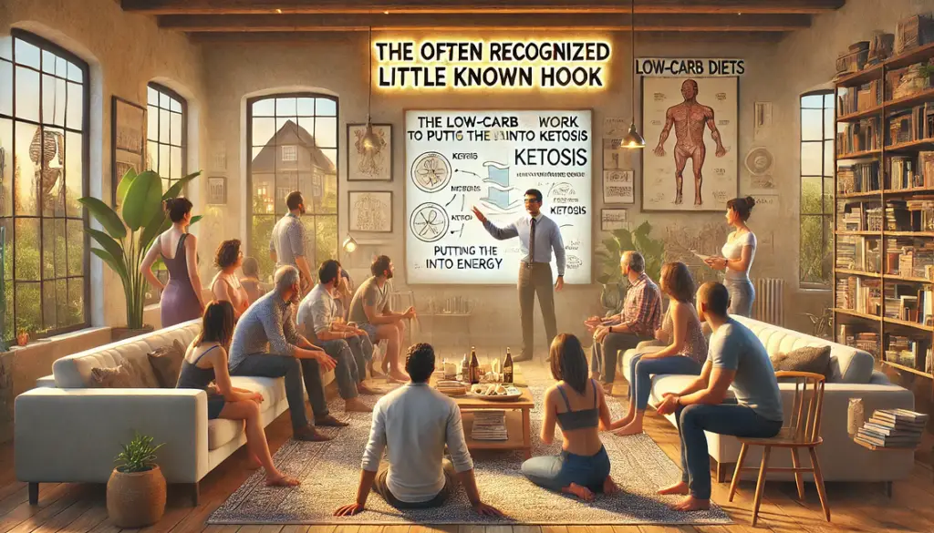 It shows a group of people in a cozy setting, deeply engaged as they learn a surprising fact about low-carb diets and ketosis. This highlights how sharing lesser-known aspects of familiar topics can capture and maintain interest