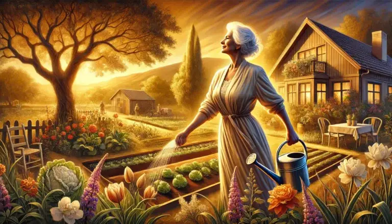 "Redefining Success and Living with Purpose," featuring a graceful older woman enjoying the simple joys of life in her garden. The serene and vibrant setting emphasizes care, growth, and fulfillment, capturing the essence of appreciating what truly matters in later years.