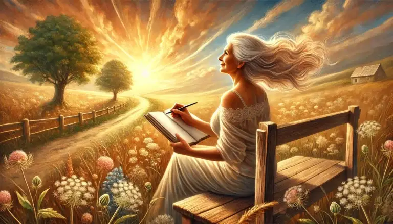 A graceful older woman reflecting on her life and enjoying the richness of self-exploration and new opportunities. The serene and warm setting symbolizes wisdom, freedom, and the beauty of life's simple moments.