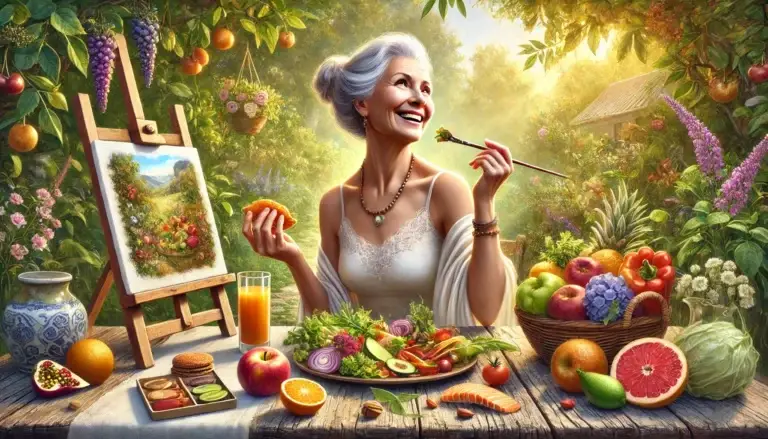 a graceful older woman enjoying a nutritious meal while embracing her creativity with a painting in progress. The serene outdoor setting reflects vitality, lifelong learning, and the joy of nurturing both body and mind.