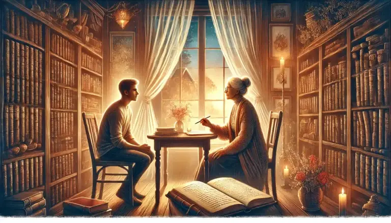 A graceful older woman mentoring a younger person in a cozy library setting. The warm, inviting atmosphere symbolizes the passing of wisdom and the creation of a lasting legacy through shared experiences and written reflections.