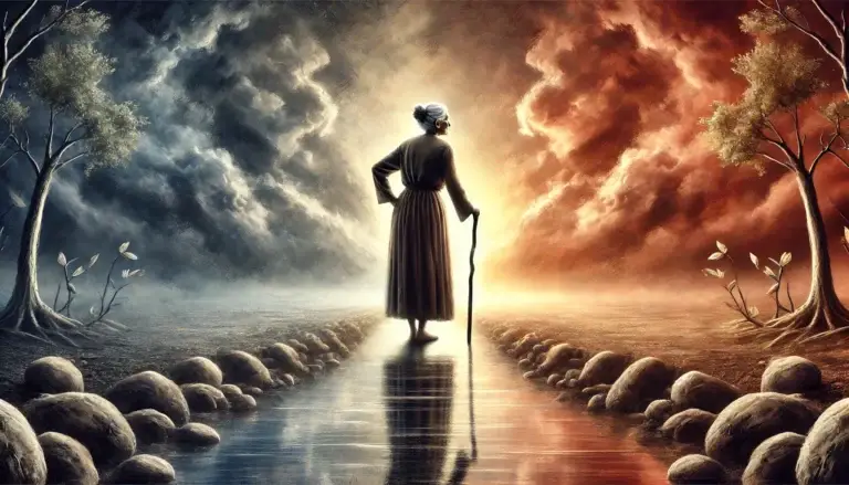 "Building Resilience," showcasing a graceful older woman standing strong at the edge of a calm river, symbolizing her journey of facing challenges with courage, adaptability, and grace.