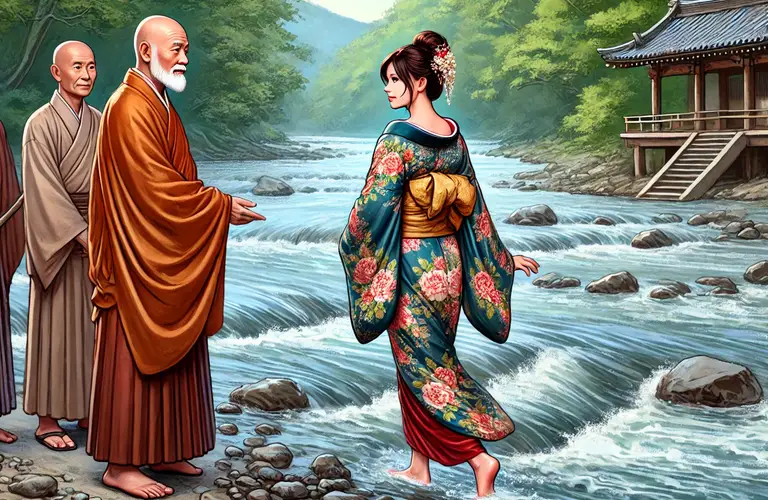 Letting Go: The young woman looked at the monks and asked, "Can you help me cross to the other side?"