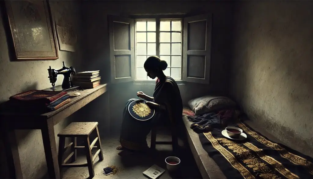 A Life in Between – Kavya, exhausted, stitches golden embroidery by the window, struggling with her quiet reality.