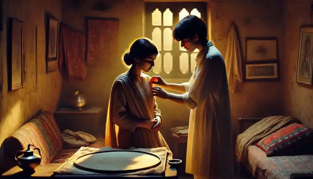 The Silent Bond – Amrita gently places her fingers on Kavya’s collarbone while studying anatomy, with a cluttered room in the background.