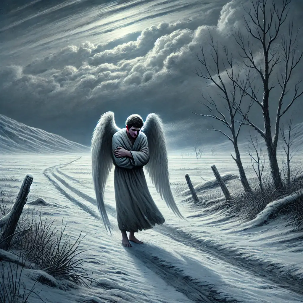 The Messenger Wandering Alone on Earth: Depicts the messenger’s loneliness and struggle as he wanders through a cold, desolate landscape, symbolizing his punishment.
