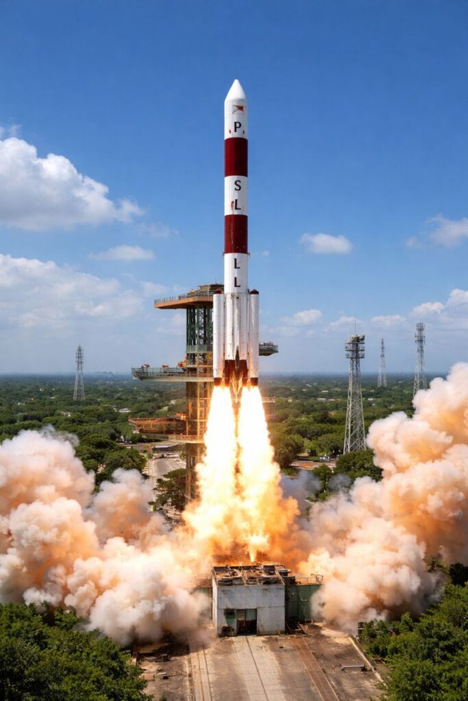 PSLV rocket launch under a clear sky