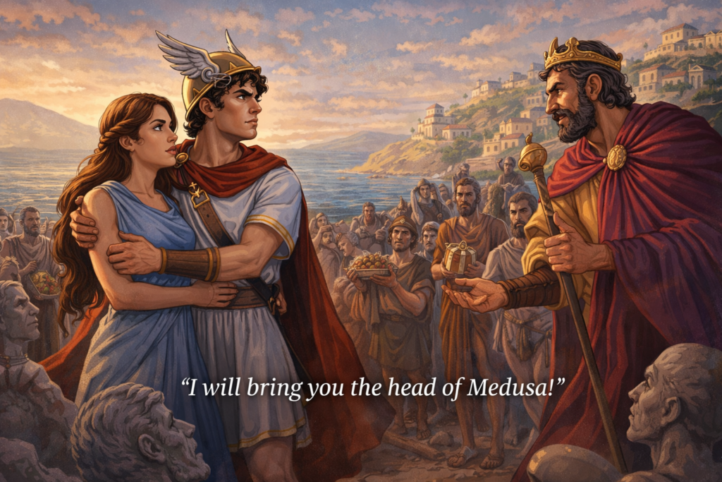 Perseus confronts Polydectes on Seriphos
