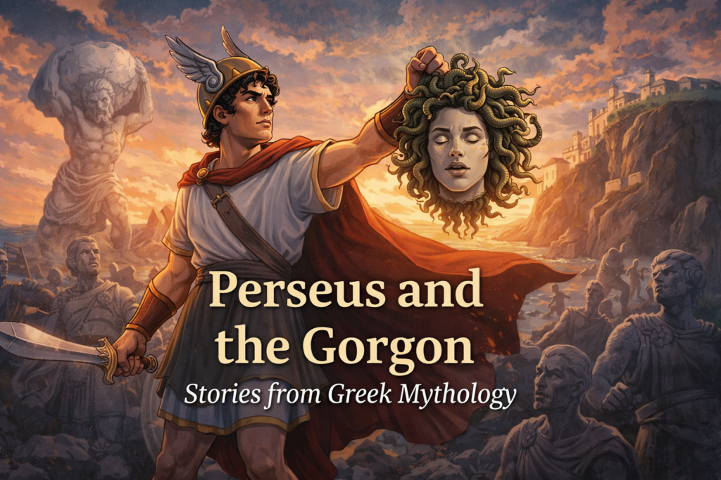 Perseus holds Medusa's head triumphantly