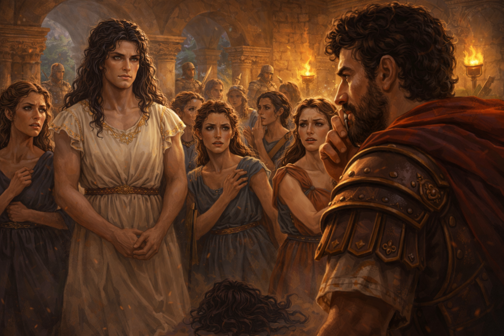 Achilles disguised among the servant girls in the palace of Skyros while Odysseus studies them carefully