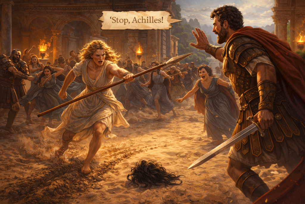 The dramatic moment in the palace courtyard when Achilles grabs a spear, Odysseus shouts