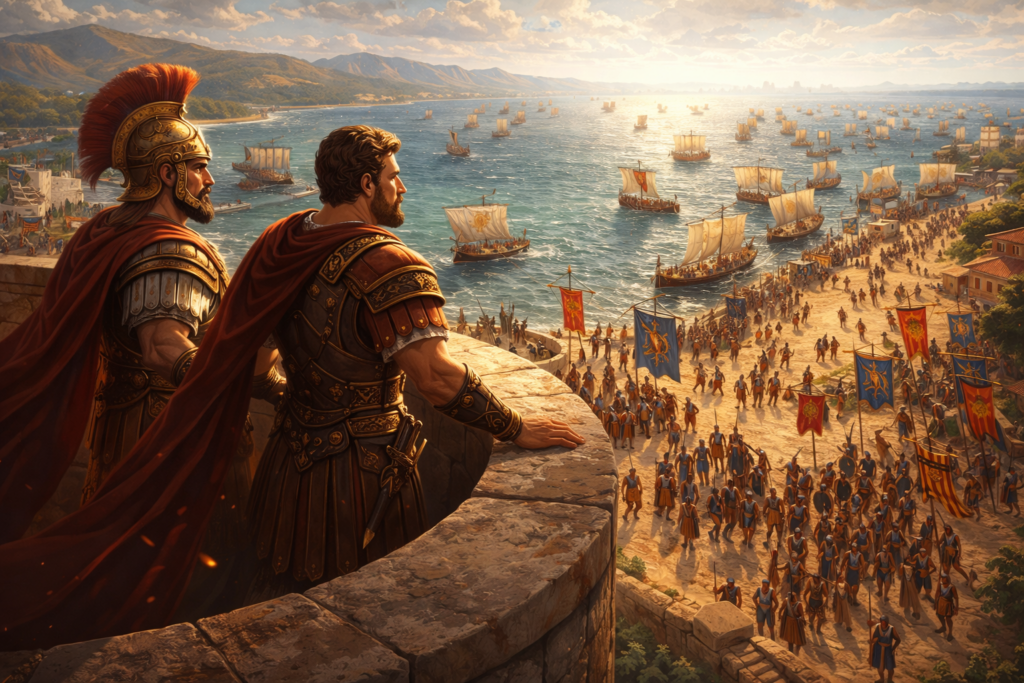 Greek leaders overlooking Aulis harbor
